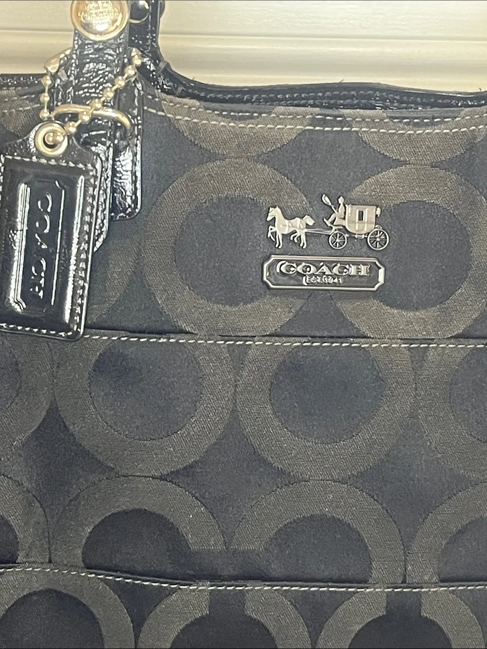 Coach Madison Tribeca Tote from Op Art Collection black & gray monogram canvas